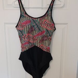 Beach Party Sz 12, 1pc Tropical Leaf Pattern Swimsuit